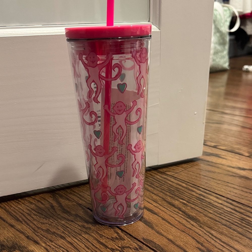 Roller Rabbit Pink Monkey Tumbler with Straw